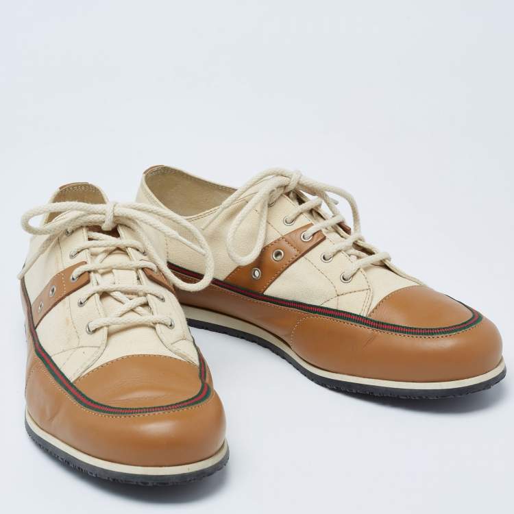 مملوكة مسبقًا Gucci Cream/Brown Leather And Canvas Lace Up  Sneakers Size 42