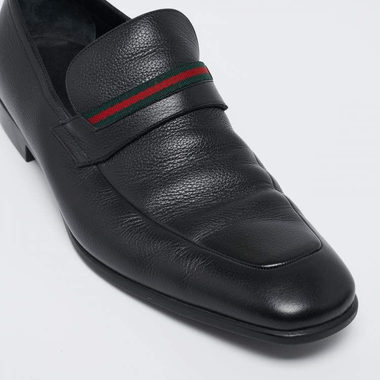 Pre Owned Gucci Black Leather Web Slip On Loafers Size 41.5