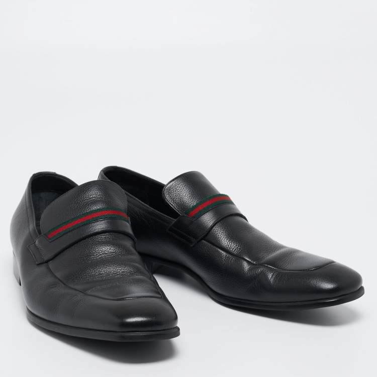 Pre Owned Gucci Black Leather Web Slip On Loafers Size 41.5