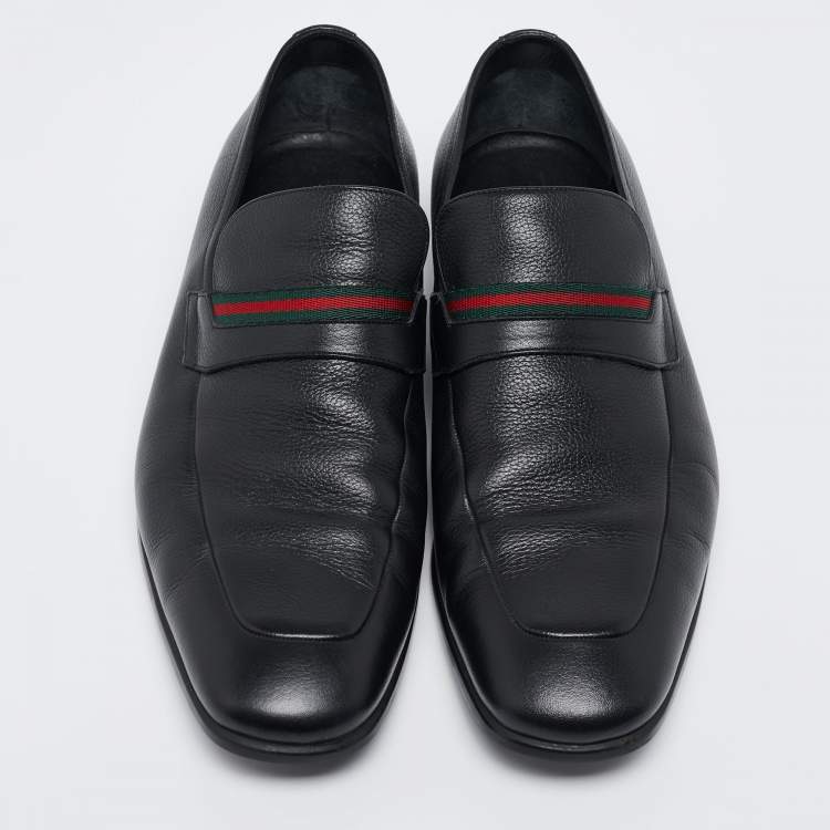 Pre Owned Gucci Black Leather Web Slip On Loafers Size 41.5