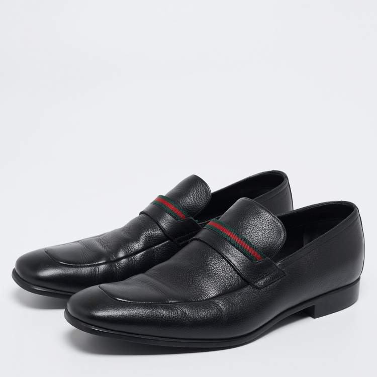 Pre Owned Gucci Black Leather Web Slip On Loafers Size 41.5