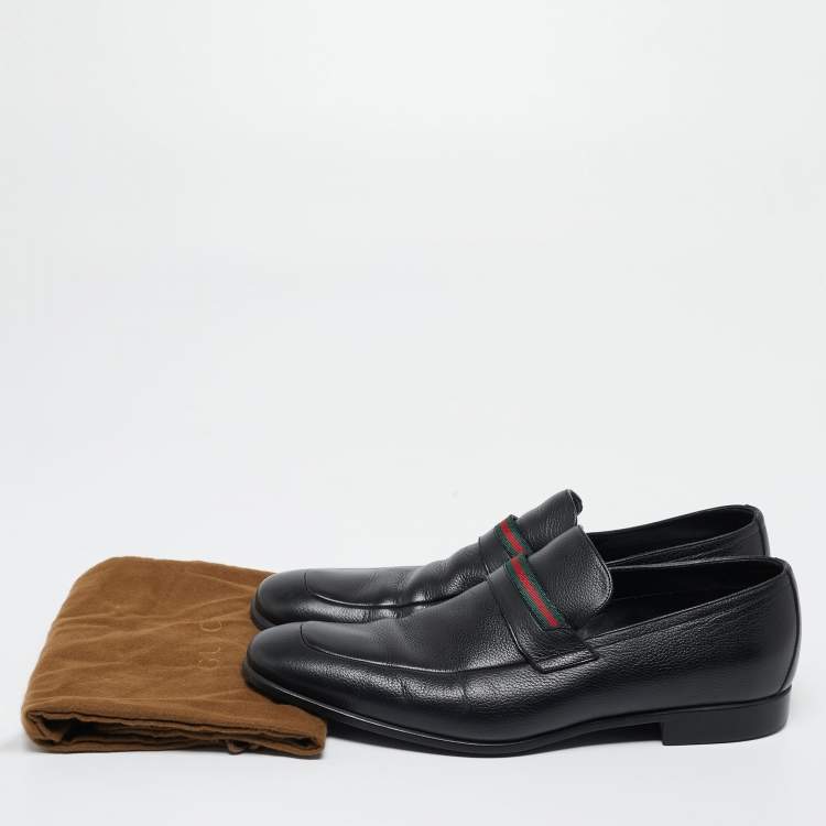 Pre Owned Gucci Black Leather Web Slip On Loafers Size 41.5