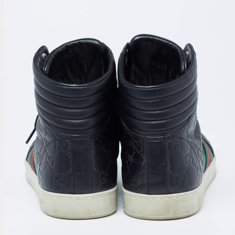 Pre Owned Gucci Black Guccissima Leather Web Detail High-Top Sneakers  Size 41.5 