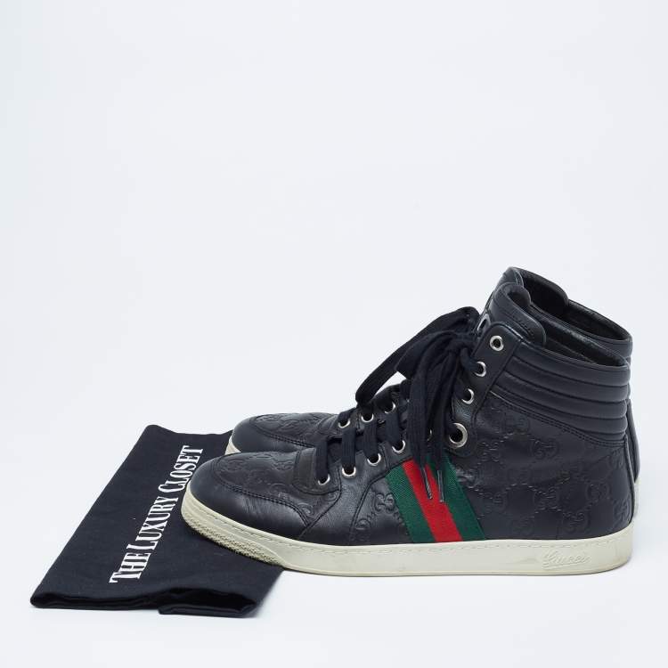Pre Owned Gucci Black Guccissima Leather Web Detail High-Top Sneakers  Size 41.5 