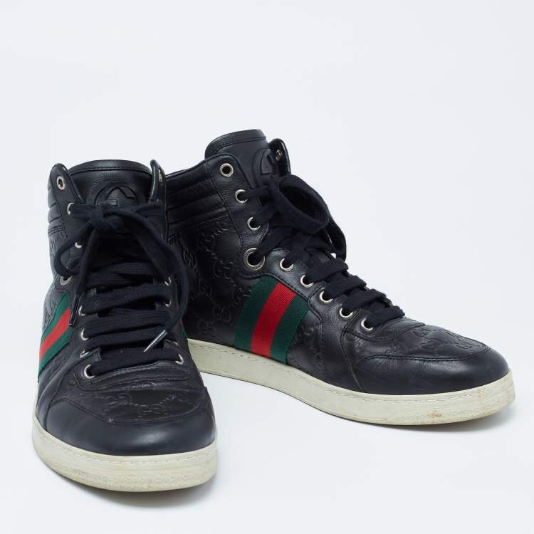 Pre Owned Gucci Black Guccissima Leather Web Detail High-Top Sneakers  Size 41.5 