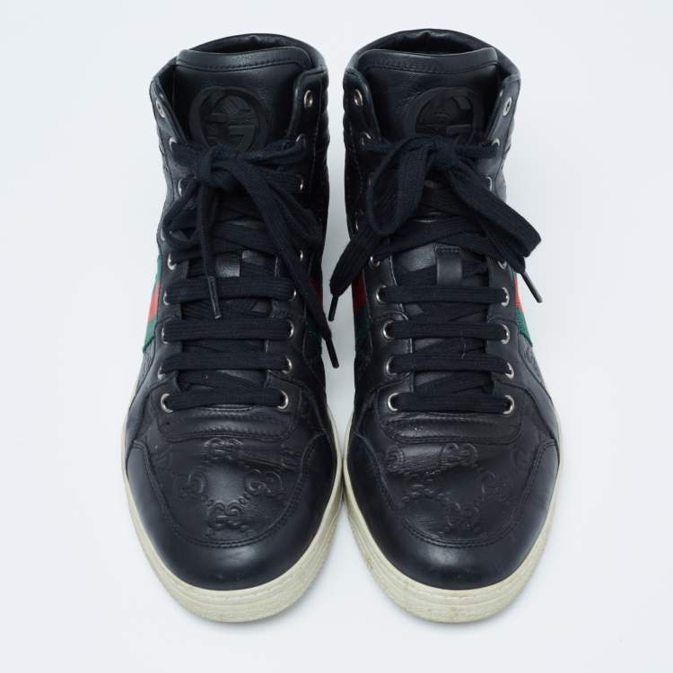 Pre Owned Gucci Black Guccissima Leather Web Detail High-Top Sneakers  Size 41.5 