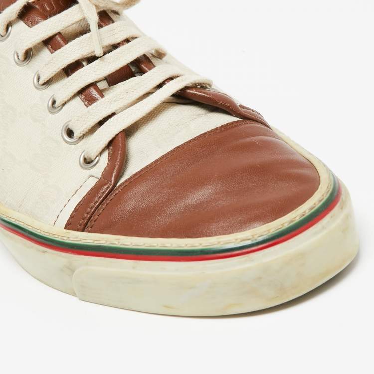 Pre Owned Gucci Off White/Brown Canvas And Leather Lace Up Sneakers Size 42