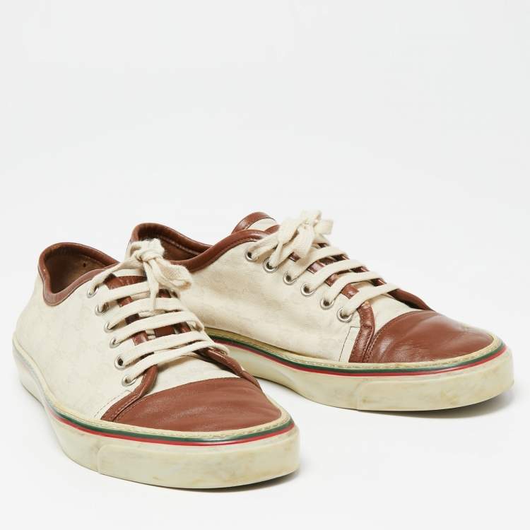 Pre Owned Gucci Off White/Brown Canvas And Leather Lace Up Sneakers Size 42