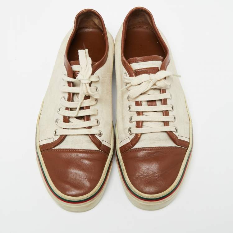 Pre Owned Gucci Off White/Brown Canvas And Leather Lace Up Sneakers Size 42