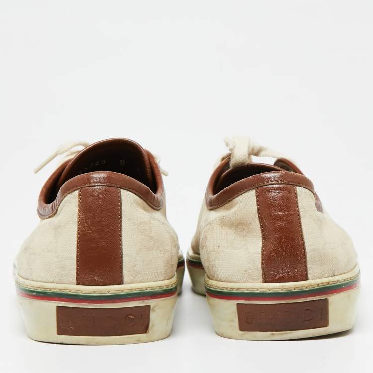 Pre Owned Gucci Off White/Brown Canvas And Leather Lace Up Sneakers Size 42