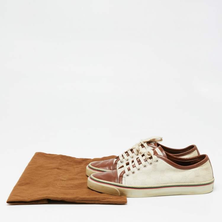 Pre Owned Gucci Off White/Brown Canvas And Leather Lace Up Sneakers Size 42