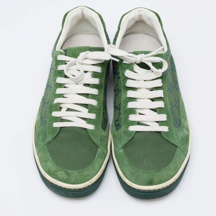 Pre Owned Gucci Green Suede and GG Canvas Low-Top Sneakers Size 41.5