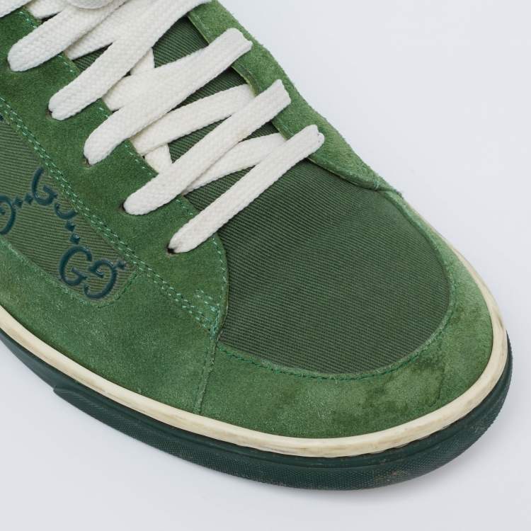 Pre Owned Gucci Green Suede and GG Canvas Low-Top Sneakers Size 41.5