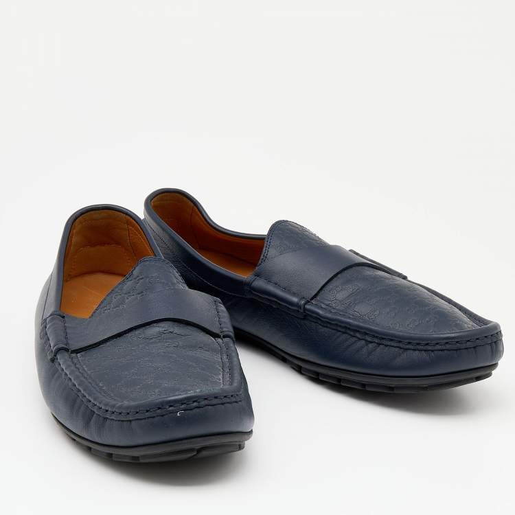 Pre Owned Gucci Navy Blue Microguccissima Leather GG Slip On Loafers Size 44.5