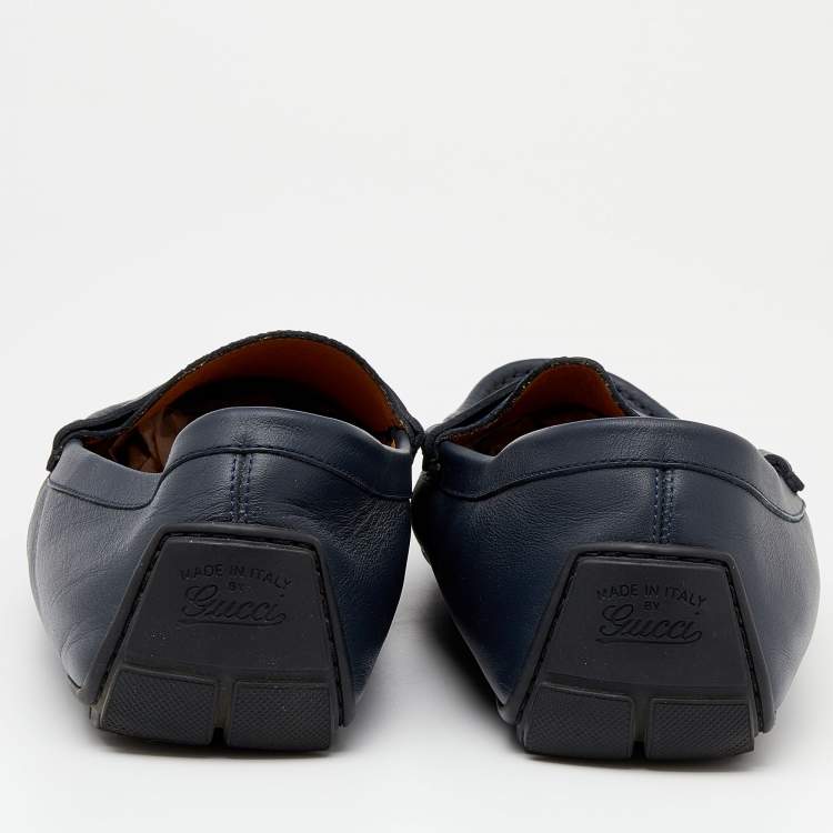 Pre Owned Gucci Navy Blue Microguccissima Leather GG Slip On Loafers Size 44.5