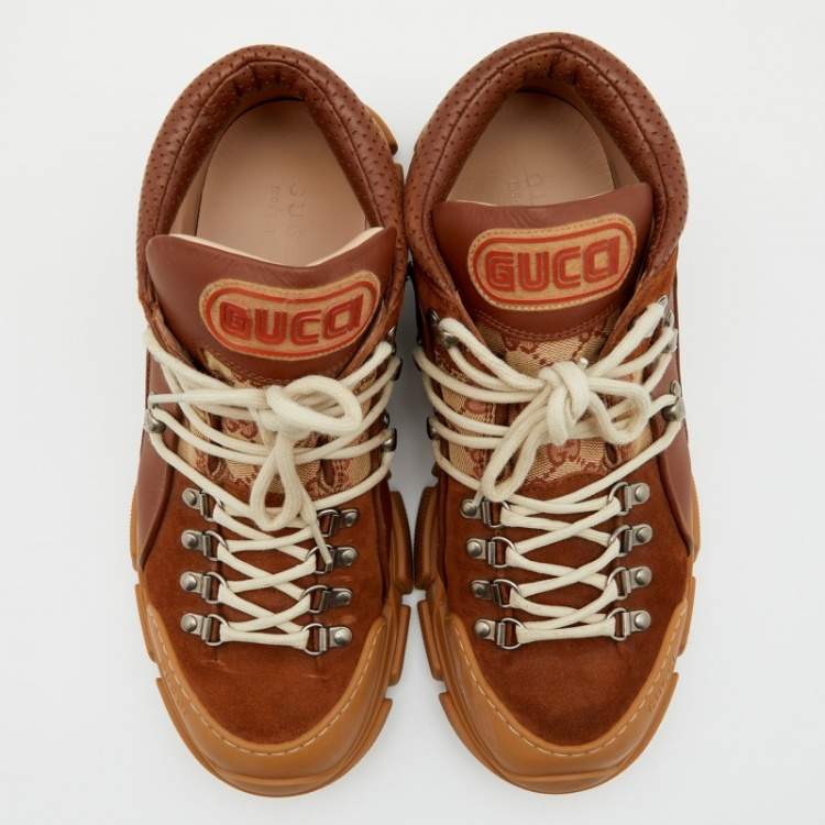 Pre Owned Gucci Brown GG Canvas And Suede Flashtrek Low Top Sneakers Size 44