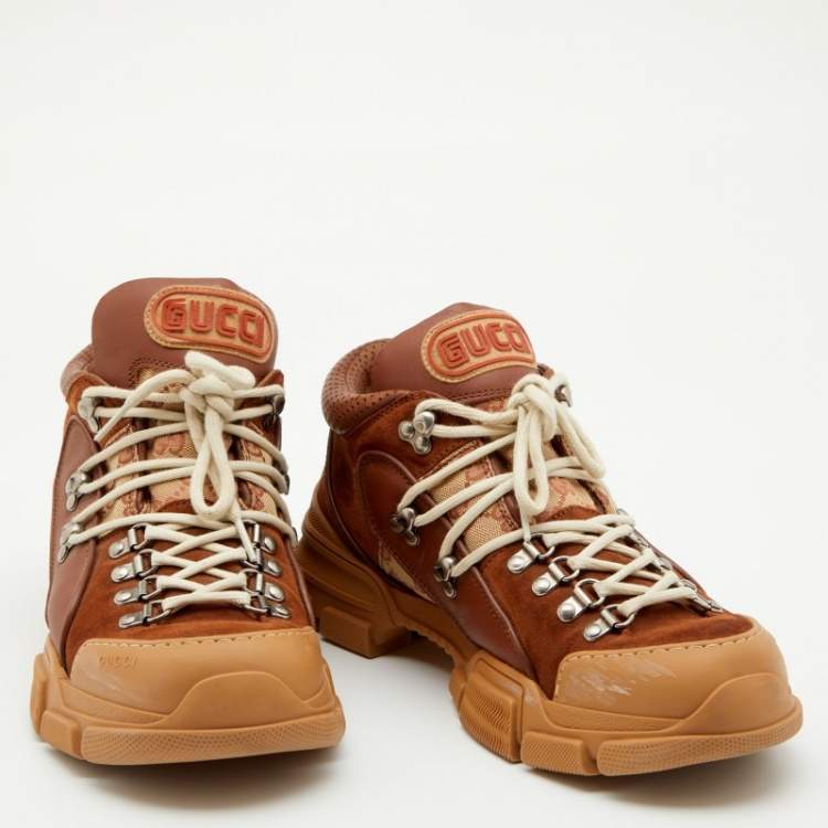 Pre Owned Gucci Brown GG Canvas And Suede Flashtrek Low Top Sneakers Size 44