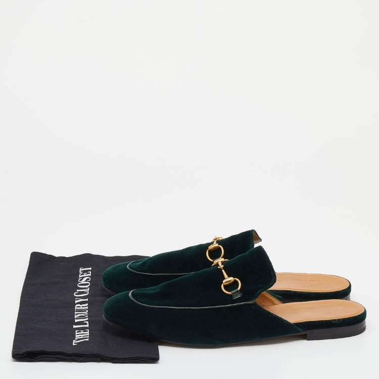 Pre Owned Gucci Green Velvet Princetown Horsebit Mule Sandals Size 45