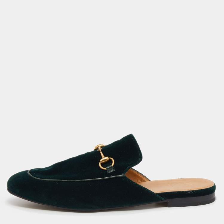 Pre Owned Gucci Green Velvet Princetown Horsebit Mule Sandals Size 45