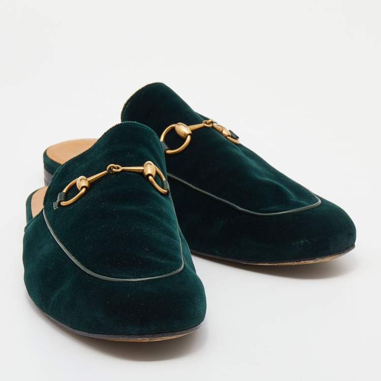 Pre Owned Gucci Green Velvet Princetown Horsebit Mule Sandals Size 45