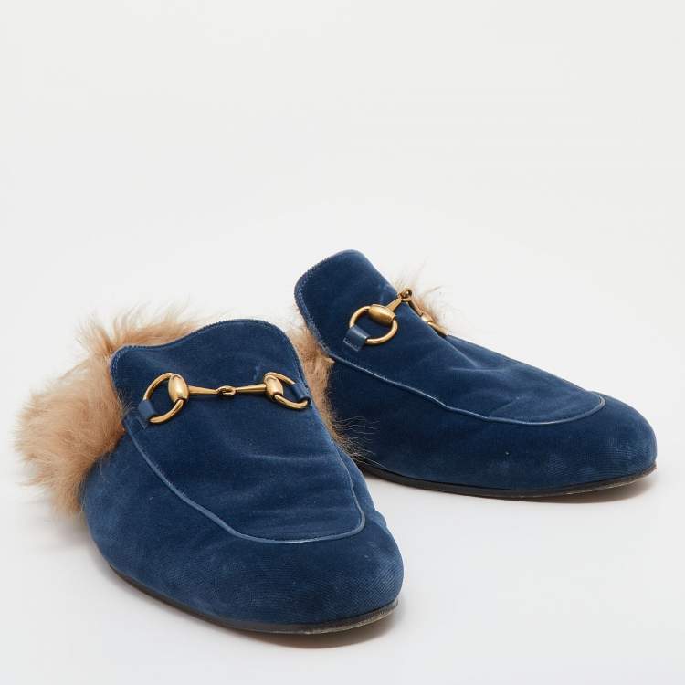 Pre Owned Gucci Blue Velvet and Fur Lined Horsebit Princetown Mule Sandals Size 45