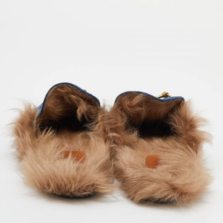 Pre Owned Gucci Blue Velvet and Fur Lined Horsebit Princetown Mule Sandals Size 45