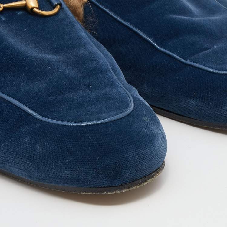Pre Owned Gucci Blue Velvet and Fur Lined Horsebit Princetown Mule Sandals Size 45