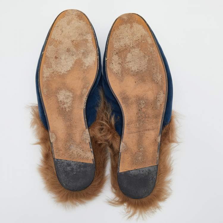 Pre Owned Gucci Blue Velvet and Fur Lined Horsebit Princetown Mule Sandals Size 45