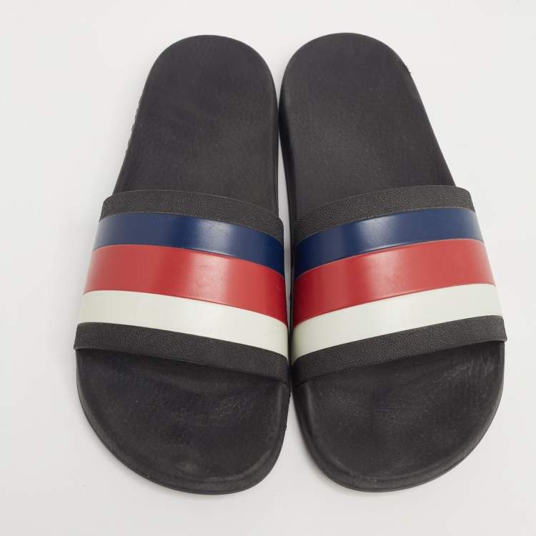 Pre Owned Gucci Multicolor Rubber Web Flat Slides Size 43