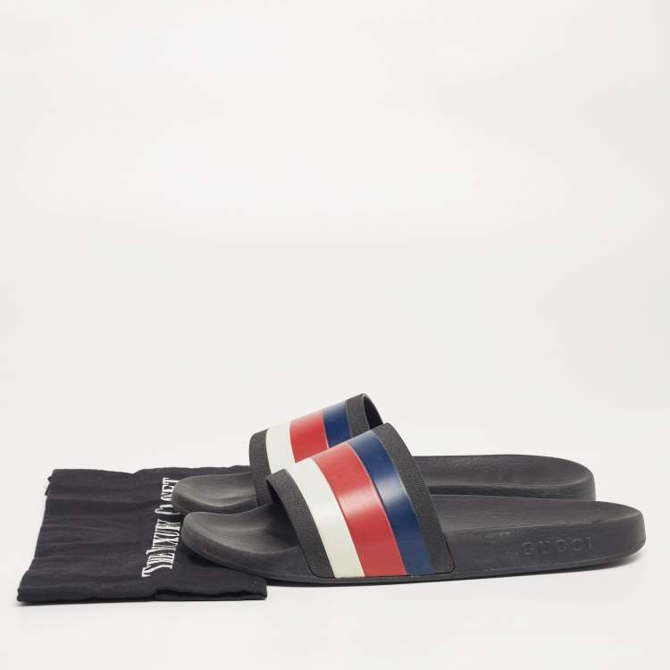 Pre Owned Gucci Multicolor Rubber Web Flat Slides Size 43