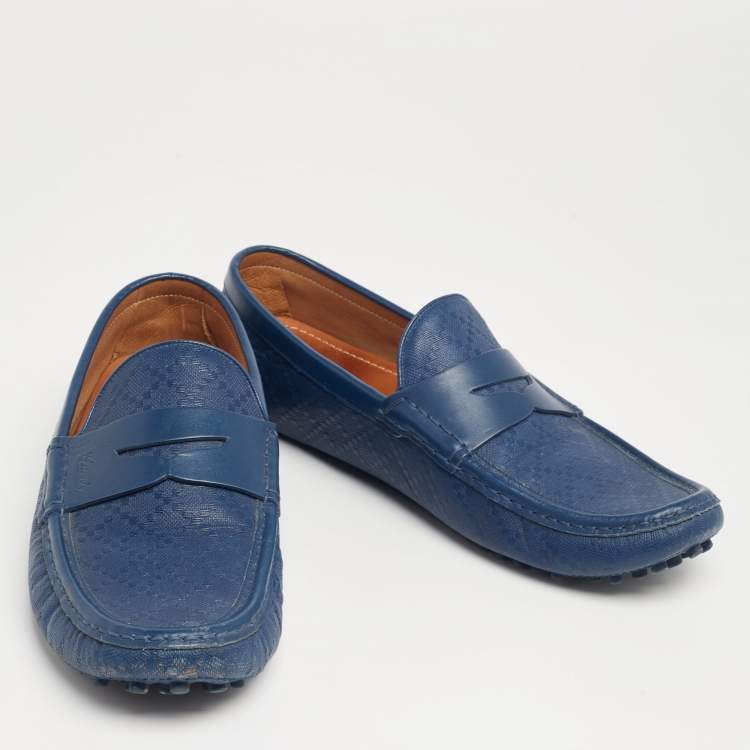 Pre Owned Gucci Blue Diamante Leather Penny Loafers Size 44.5