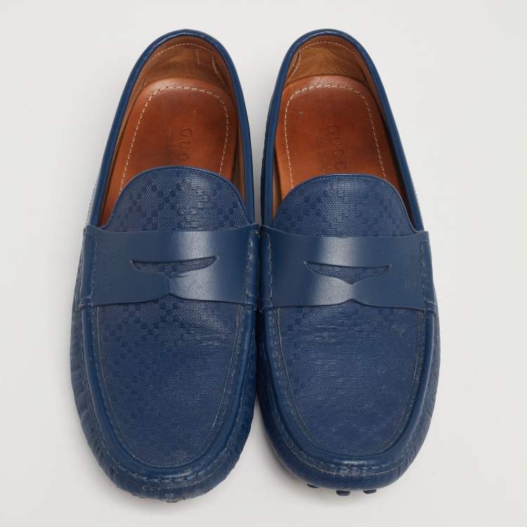 Pre Owned Gucci Blue Diamante Leather Penny Loafers Size 44.5