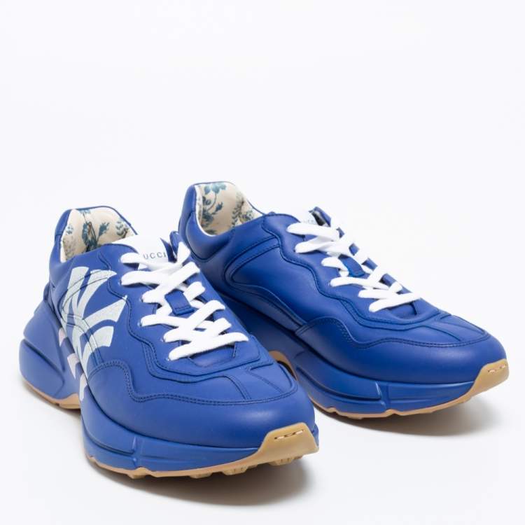 Pre Owned Gucci Blue Leather NY Yankees Rhyton Low Top Sneaker Size 41.5