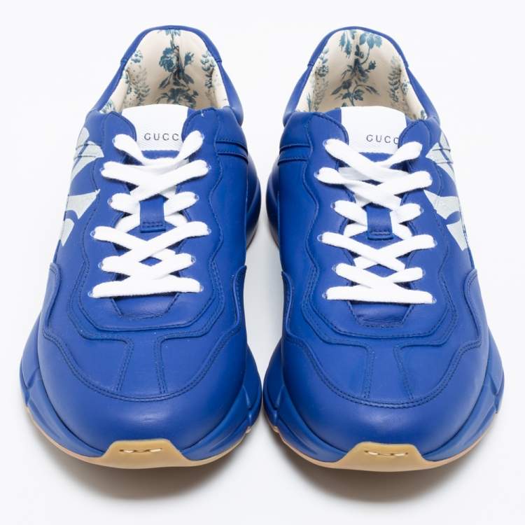 Pre Owned Gucci Blue Leather NY Yankees Rhyton Low Top Sneaker Size 41.5