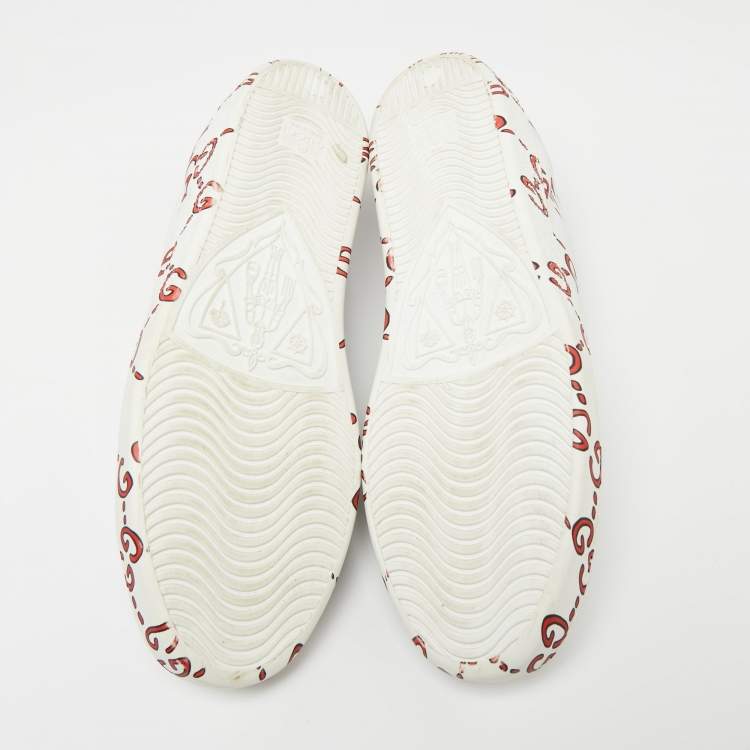 Pre Owned Gucci White/Red Leather Ghost GG Ace Low-Top Sneakers Size 41
