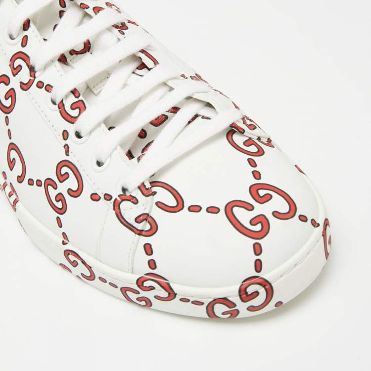 Pre Owned Gucci White/Red Leather Ghost GG Ace Low-Top Sneakers Size 41
