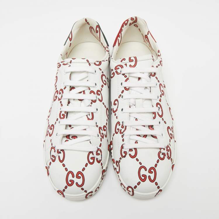 Pre Owned Gucci White/Red Leather Ghost GG Ace Low-Top Sneakers Size 41
