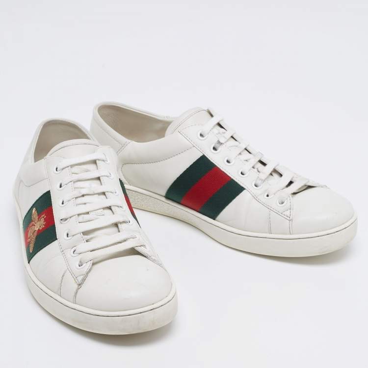 Pre Owned Gucci White Leather Ace Web Low Sneakers Size 41.5