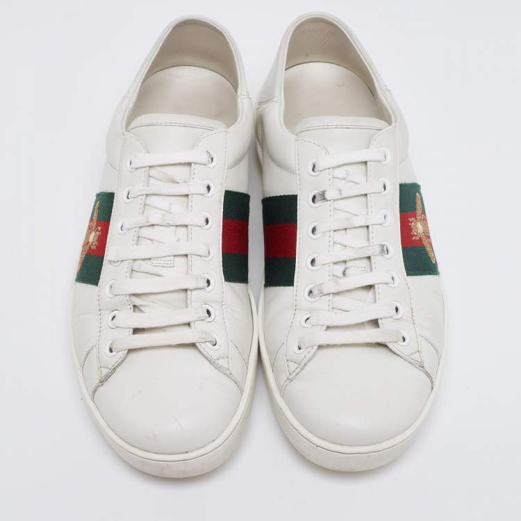 Pre Owned Gucci White Leather Ace Web Low Sneakers Size 41.5