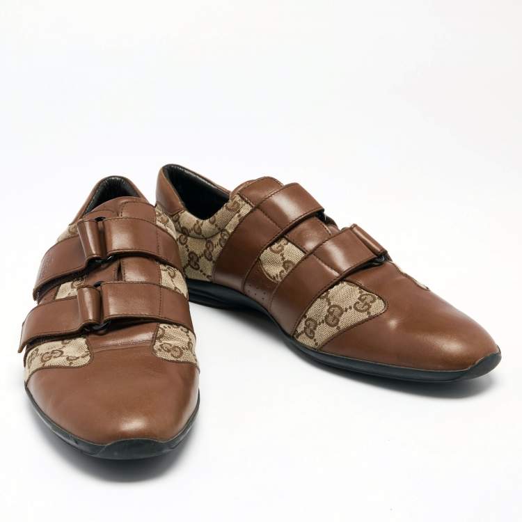 Pre Owned Gucci Guccissima Beige/Brown Canvas and Leather Velcro Sneakers Size 44