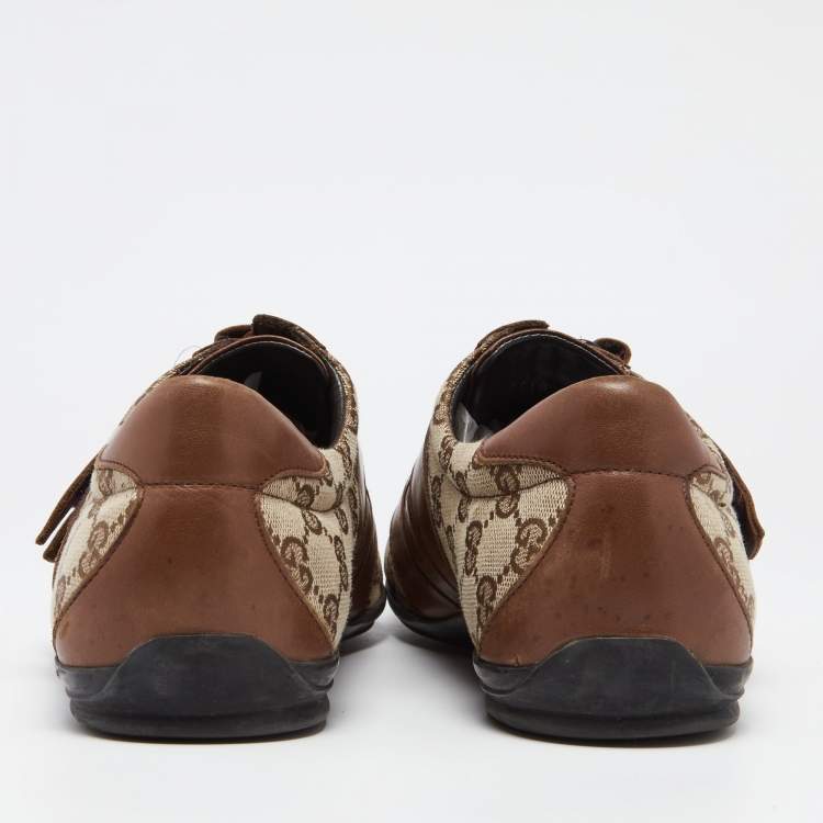 Pre Owned Gucci Guccissima Beige/Brown Canvas and Leather Velcro Sneakers Size 44