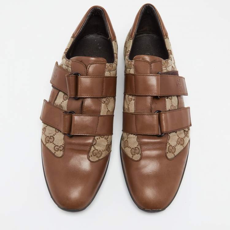 Pre Owned Gucci Guccissima Beige/Brown Canvas and Leather Velcro Sneakers Size 44