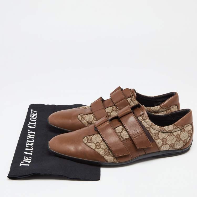 Pre Owned Gucci Guccissima Beige/Brown Canvas and Leather Velcro Sneakers Size 44