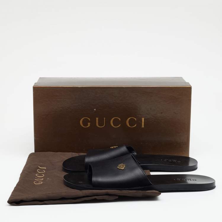 Pre Owned Gucci Black Leather Hysteria Crest Logo Flat Slide Sandals Size 41.5