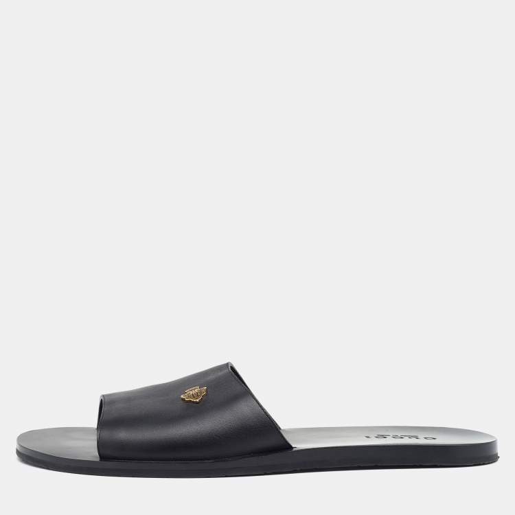 Pre Owned Gucci Black Leather Hysteria Crest Logo Flat Slide Sandals Size 41.5