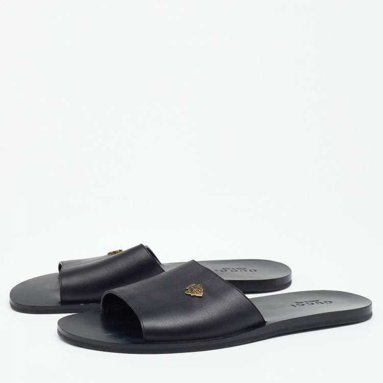 Pre Owned Gucci Black Leather Hysteria Crest Logo Flat Slide Sandals Size 41.5