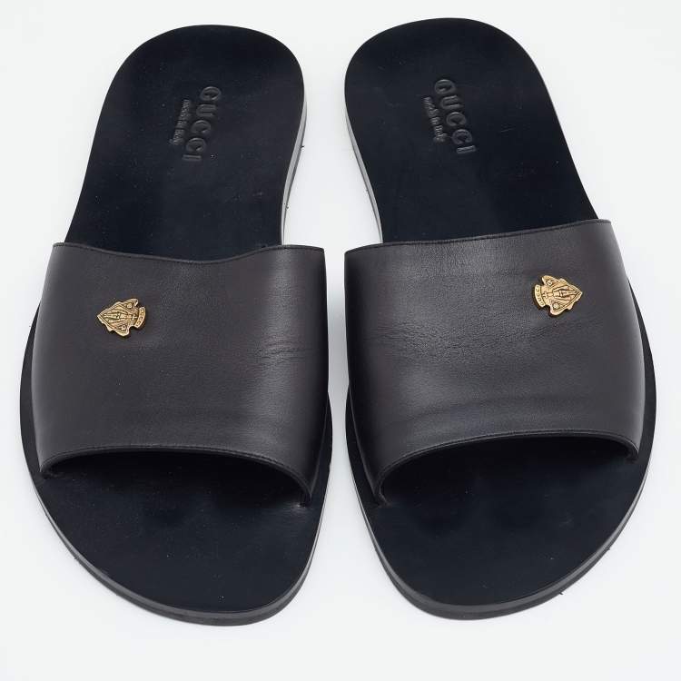 Pre Owned Gucci Black Leather Hysteria Crest Logo Flat Slide Sandals Size 41.5