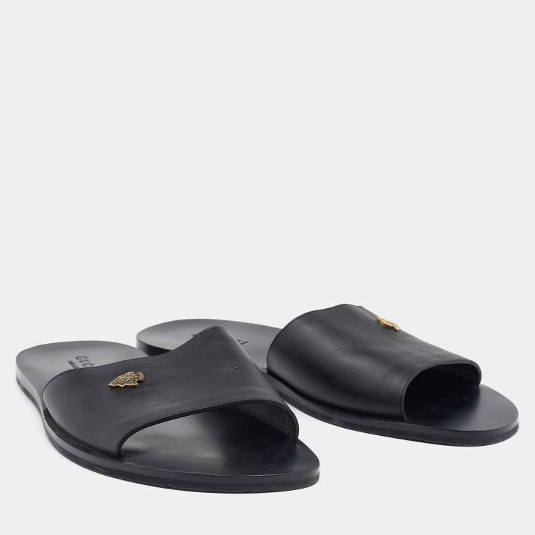 Pre Owned Gucci Black Leather Hysteria Crest Logo Flat Slide Sandals Size 41.5