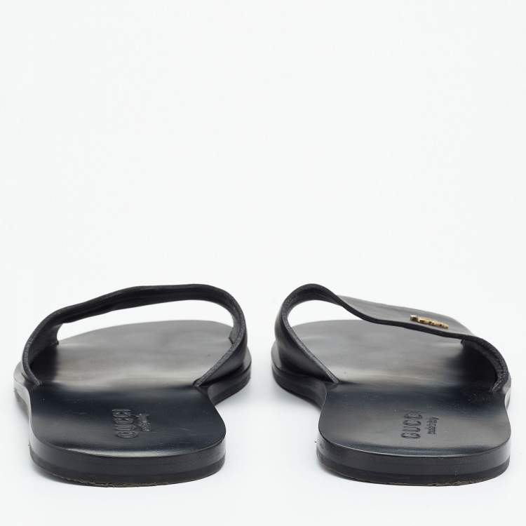 Pre Owned Gucci Black Leather Hysteria Crest Logo Flat Slide Sandals Size 41.5