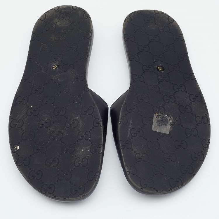 Pre Owned Gucci Black Leather Hysteria Crest Logo Flat Slide Sandals Size 41.5
